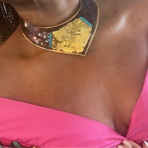 Vintage Boho Glam Vibe Cleopatra Choker – Gold Sequin & Turquoise Beaded